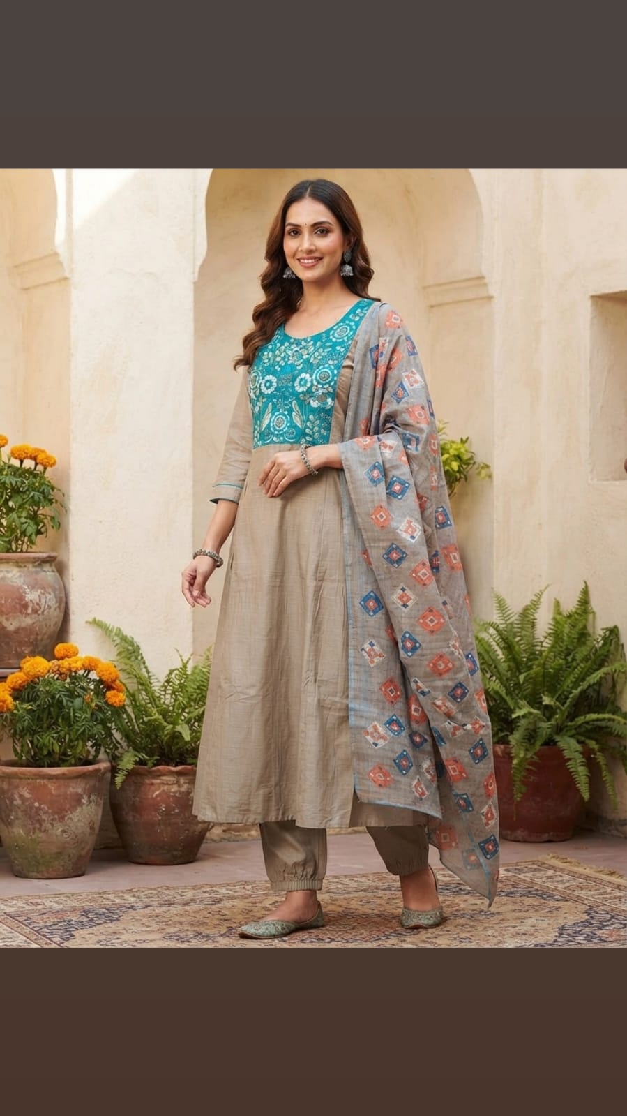 Beige & Teal Printed Suit Set